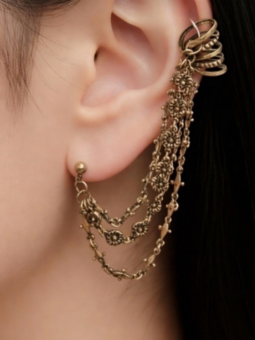NWT Free People - Ear Party Floral Chain Ear Cuff - Antique Gold